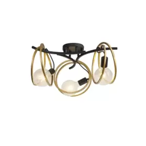 Image of Wales Double Ring Ceiling Lamp Flush, 3 Light E27, Matt Black, Painted Gold