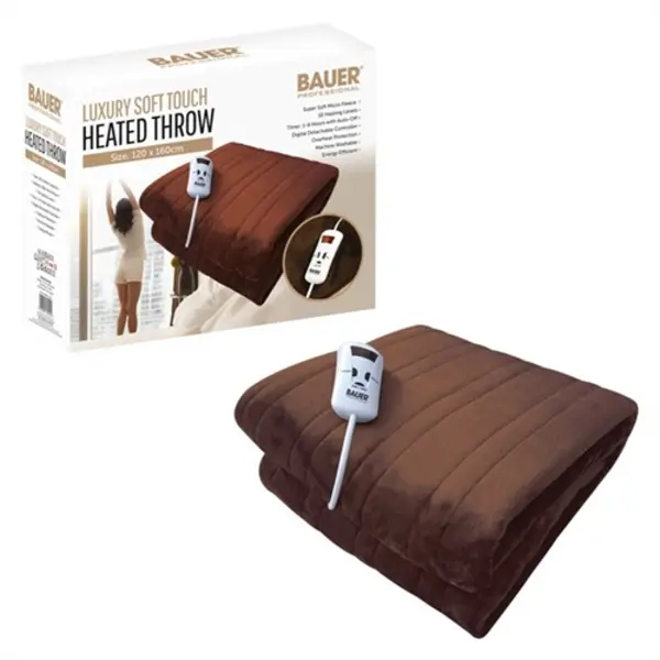 image of Bauer Luxury Soft Touch Heated Throw - Brown 120x160cm