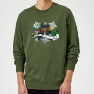 Image of Marvel Comics Thor Ironman Hulk Snowflake Green Christmas Sweatshirt - L - Green