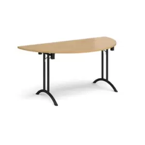 image of Semi circular folding leg table with Black legs and curved foot rails 1600mm x 800mm - oak