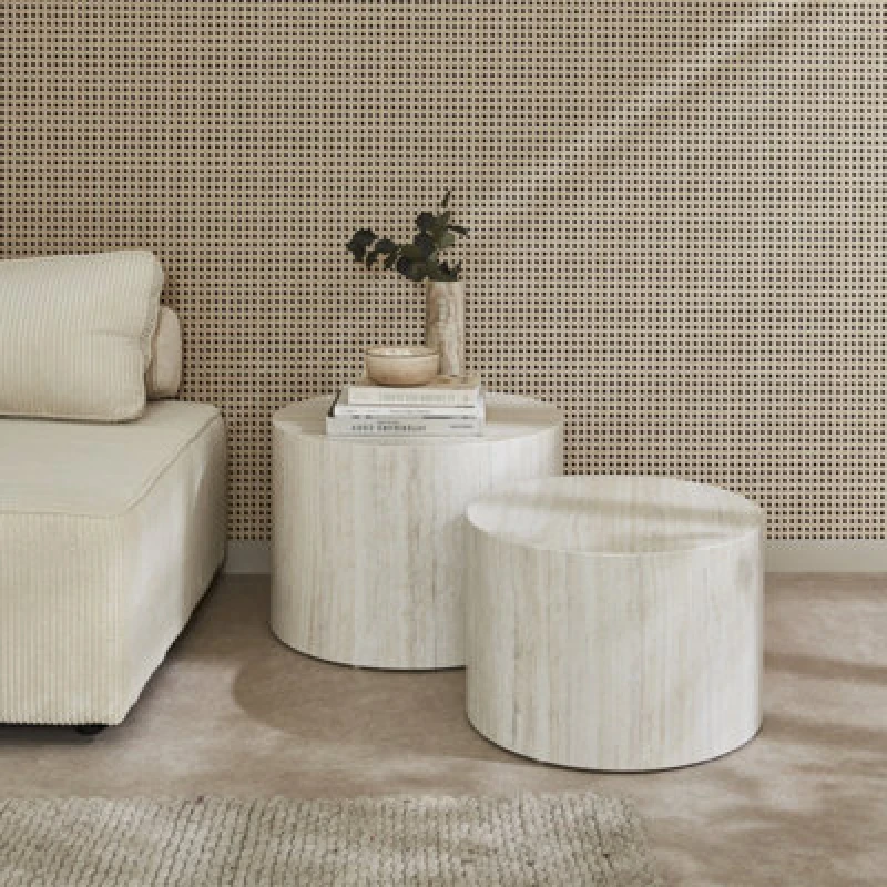 Image of Sweeek - Pair Of Round Marble-Effect Nesting Coffee Tables White 58X1X40 Cm - Paros