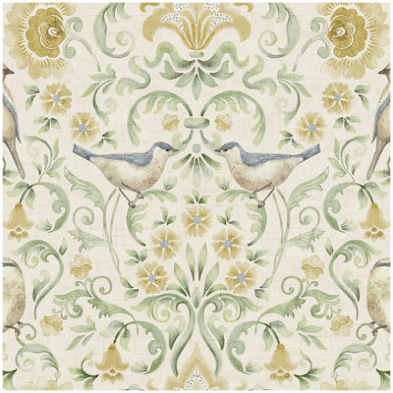 Image of Arthouse Floral Birds Damask Wallpaper Cream Green Yellow Botanical Vintage Feature Wall