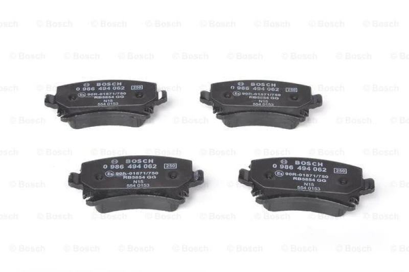 Image of Bosch Brake pad set with anti-squeak plate 0 986 494 062 Brake pads,Brake pad set, disc brake VW,AUDI,SKODA,Golf V Schragheck (1K1),TOURAN (1T1, 1T2)