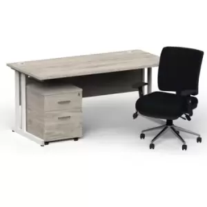 Image of Impulse 1600/800 White Cant Desk Grey Oak + 2 Dr Mobile Ped & Chiro Med Back Black W/Arms