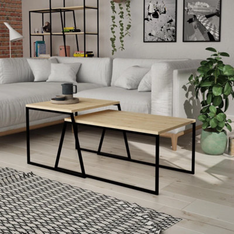 Image of FWStyle Natural Oak Finish Set Of 2 Nesting Coffee Tables Scratch Resistant Brown