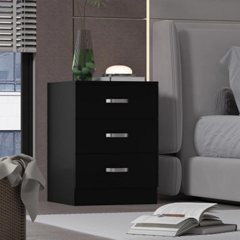 Image of FWStyle Large 3 Drawer Matt Black Bedside Table Nightstand Chest Of Drawers Black