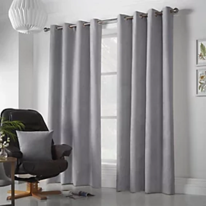 Image of Velvet Chenille Ready Made Eyelet Curtains Silver