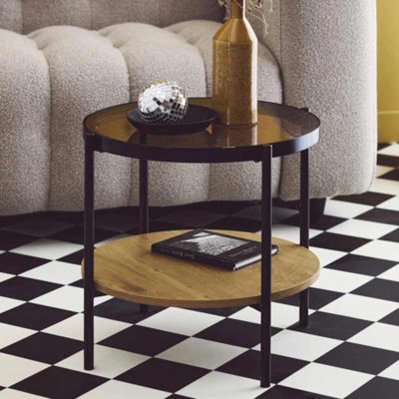 Image of sweeek Round Side Table With Tempered Glass And Wood Effect Light Brown