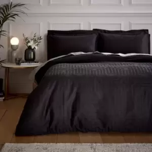 Image of Satin Geo Jacquard 100% Cotton 180 Thread Count Cotton Duvet Cover and Pillowcase Set, Black, Super King - Bianca