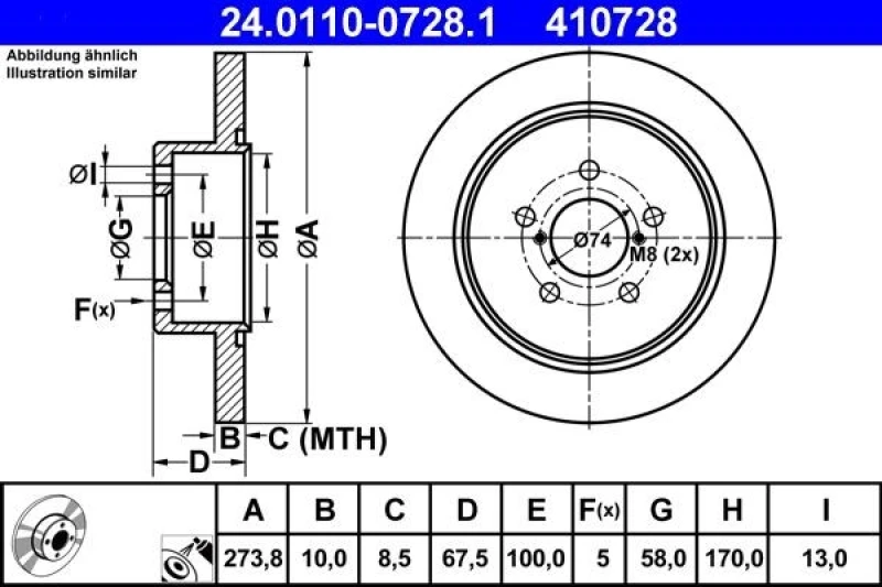 Image of ATE 24.0110-0728.1 Brake disc solid, Coated Brake Disc (82)