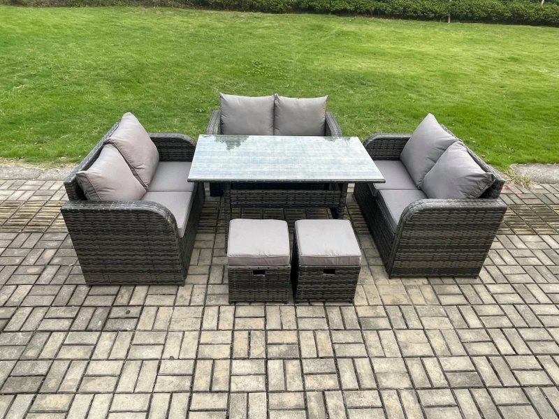 Image of Fimous 8 Seater Outdoor Rattan Garden Furniture Set with Patio Rectangular Dining Table Love Sofa 2 Small Footstools Dark Grey Mixed Dark Grey Unisex
