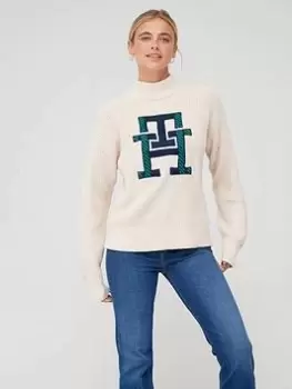 Image of Tommy Hilfiger Monogram Graphic Mock-Neck Sweater - Cream Size M Women