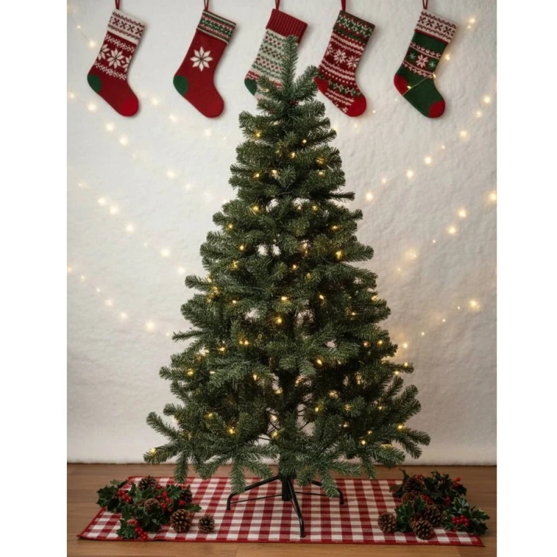 Image of Outdoor Living Pre-Lit Green Artificial Christmas Tree - 7FT with 210 LED lights Green Unisex 7ft