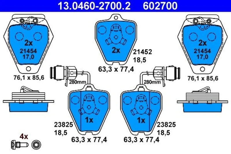 Image of ATE 13.0460-2700.2 Brake pad set incl. wear warning contact, with brake caliper screws Brake Pad Set,disc brake (402)
