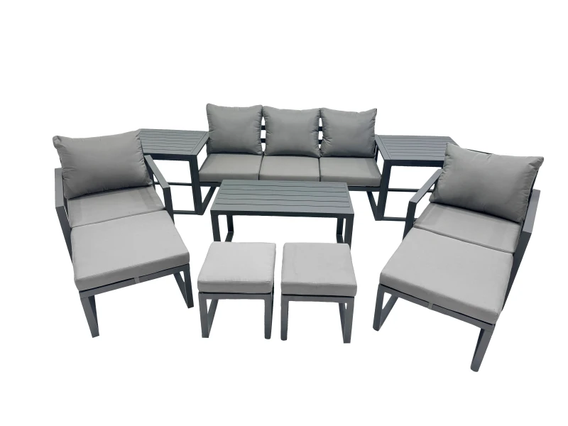 Image of Fimous 9 Seat Aluminium Lounge 3 Seat Sofa Coffee Table Sets with 4 Stools in Dark Grey Dark Grey Unisex