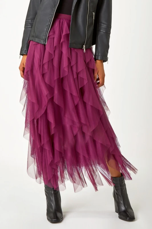 Image of Roman Womens Elastic Waist Mesh Layered A Line Skirt in Wine Size: 12 Wine Female 12