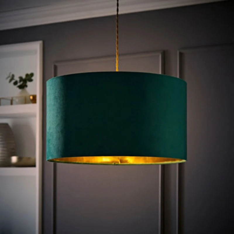 Image of ValueLights ValueLights Reni Green Velvet with Gold Inner Easy Fit Ceiling Lamp Shade and Bulb in Bottle Green Size: Large Bottle Green Large Unisex