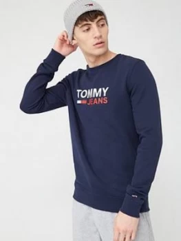 Image of Tommy Jeans Tommy Jeans Corp Logo Crew Sweatshirt - Twilight Navy, Twilight Navy, Size XL, Men