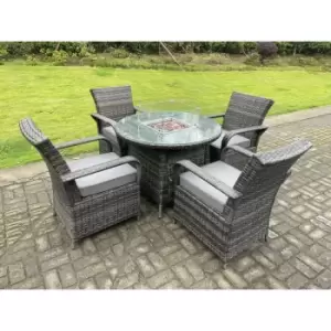 Image of Fimous 4 Seater Outdoor Dark Grey Rattan Lounge Complete Dining Table Set with Gas Fire Pit Round Dining Table