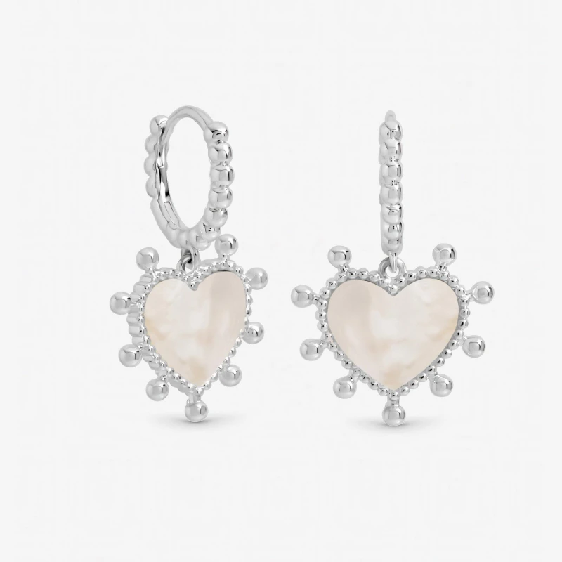 Image of Inicio Sterling Silver Plated Mother of Pearl Heart Hoops Hoop Earrings One Size Silver 73777611000
