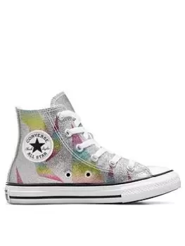 Image of Converse Chuck Taylor All Star Younger Girls Prism Glitter Hi Tops Trainers, Silver, Size 10 Younger