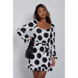 Image of I Saw It First Cream Jersey Polka Dot Long Sleeve Tie Waist Tea Dress - White