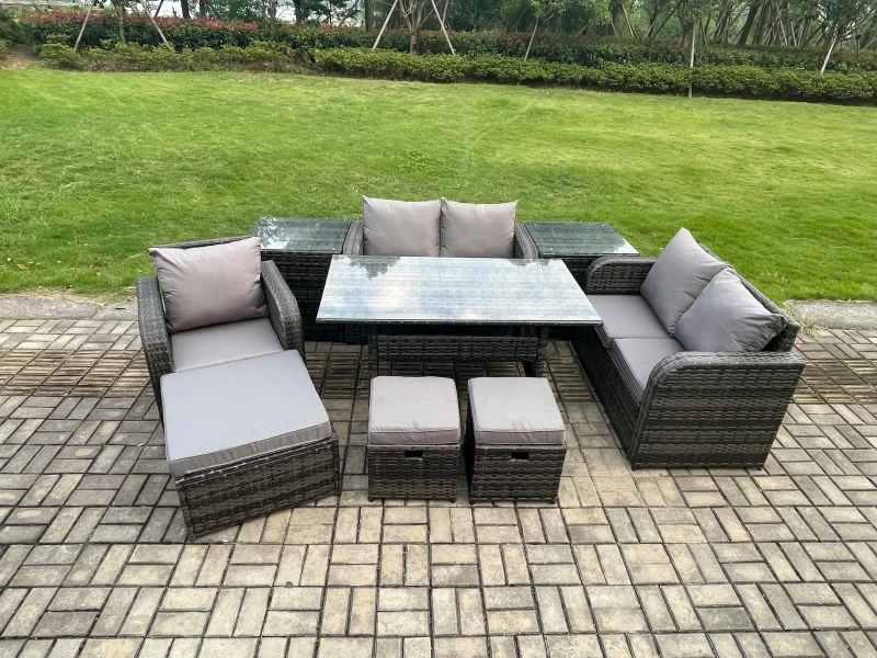 Image of Fimous Lounge Rattan Sofa Set Outdoor Garden Furniture Oblong Rectangular Dining Table With Chairs 3 Footstools 2 Side Tables 8 Seater in Dark Grey Da
