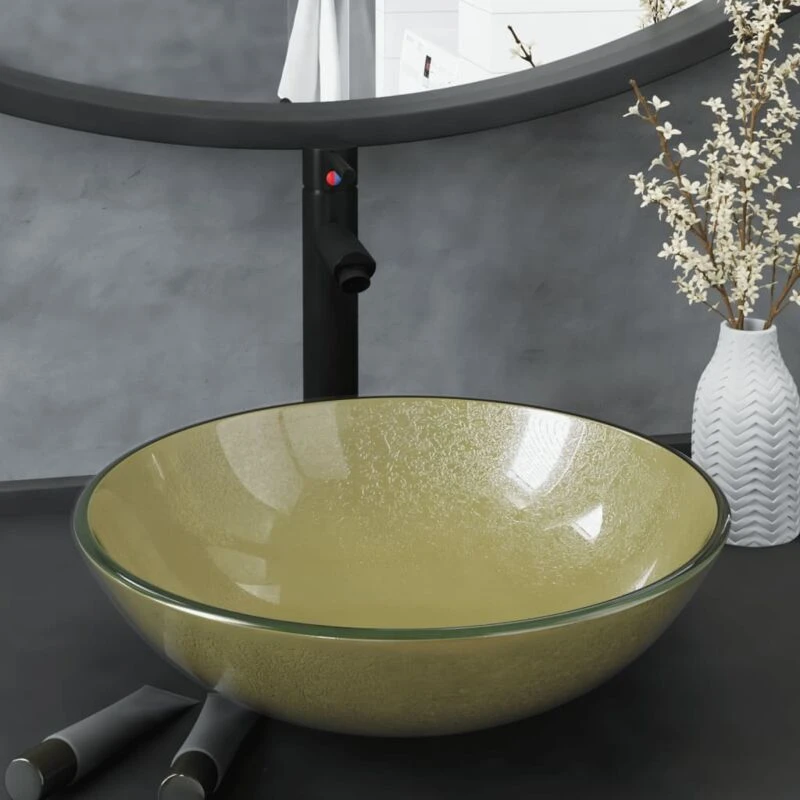 Image of vidaXL Bathroom Sink with Tap and Push Drain Gold Tempered Glass, Gold 3098460
