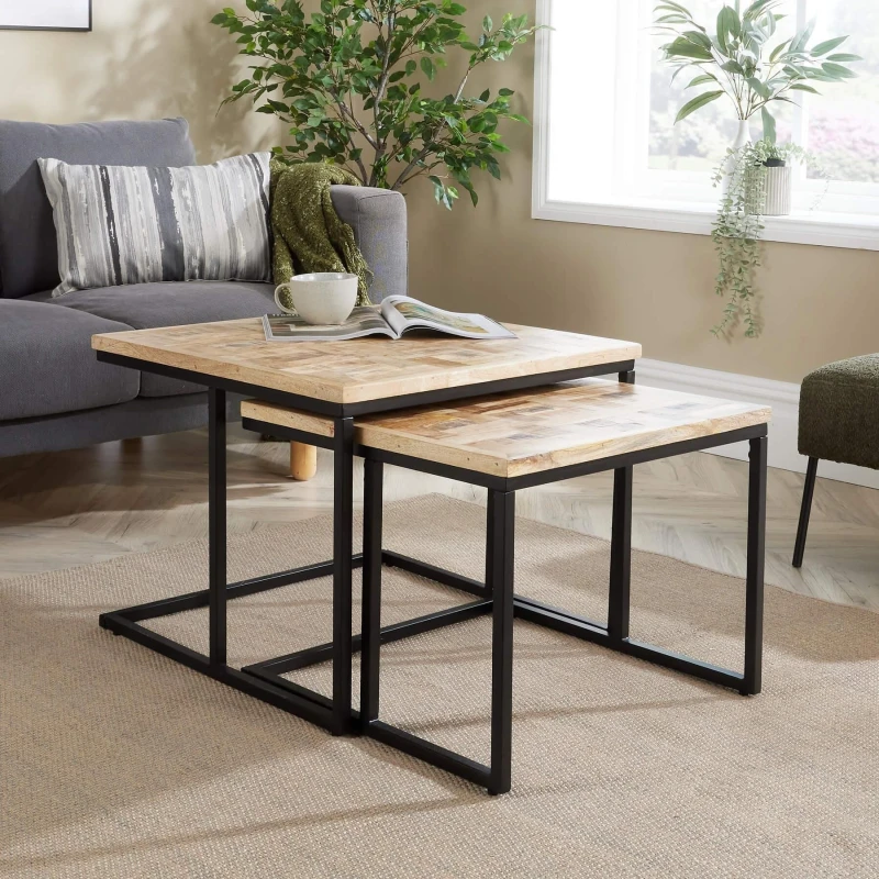 Image of Home Source Reno Solid Mango Wood Iron Frame Nest of Two Tables Light Brown