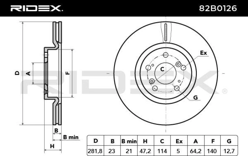 Image of RIDEX 82B0126 Brake disc Front Axle, Vented, Cast Iron, Uncoated, Untreated, without bolts/screws Cast Iron Brake Disc (82)