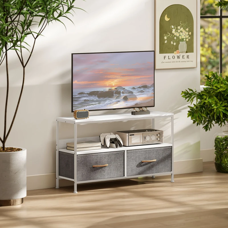 Image of HOMCOM TV Cabinet, TV Console Unit with 2 Foldable Linen Drawers White 839-071V00WT
