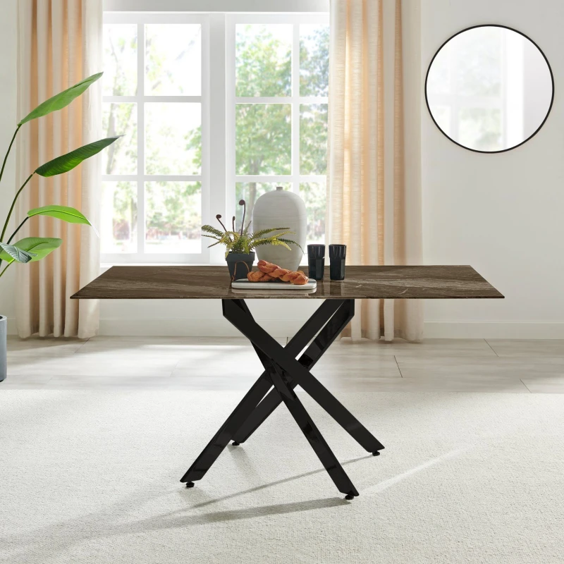 Image of FurnitureboxUK FurnitureboxUK Leonardo 6-Seater Dining Table With Marble Effect Glass Top And Black Metal Legs in Dark Brown Dark Brown One Size Unise