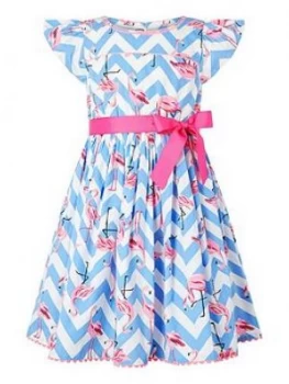 Monsoon Girls S.E.W. Adrienne Flamingo Dress - Blue, Size 10 Years, Women