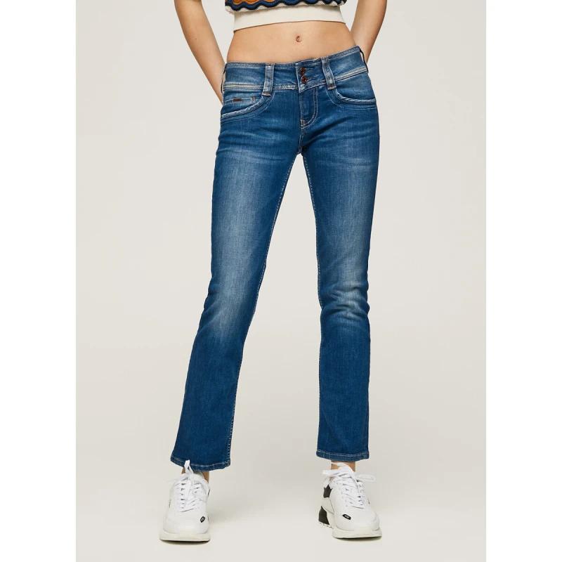 Image of Pepe Jeans Gen Slim Fit Jeans with Mid Rise and Double Buttons Dip Royal Dark Denim W32 L30