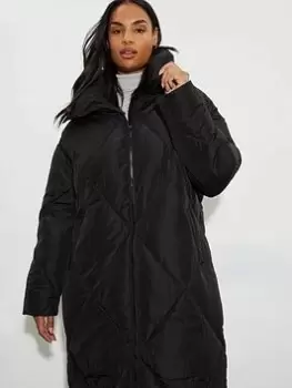 Image of Dorothy Perkins Funnel Neck Diamond Padded Longline Oversized Coat - Black, Size XL, Women