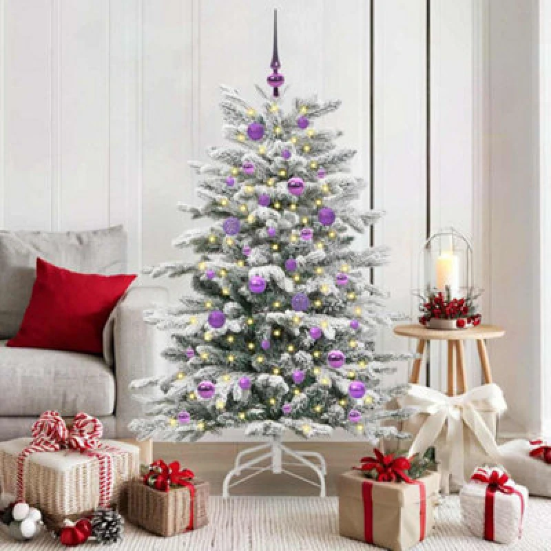 Image of vidaXL Artificial Hinged Christmas Tree with Lilac Balls White 150cm PE and PVC, White 3395637