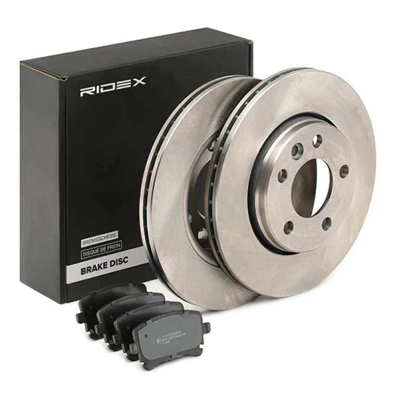 Image of RIDEX 3405B1258 Brake disc and pads set Rear Axle, Brake Disc Type: Vented, prepared for wear warning indicator Brake Set,disc brakes (3405)