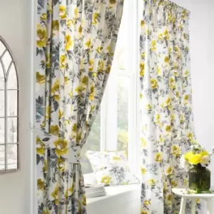 Image of Peony Country Floral Pencil Pleat Curtains Ochre, Ochre / 117 x 183cm