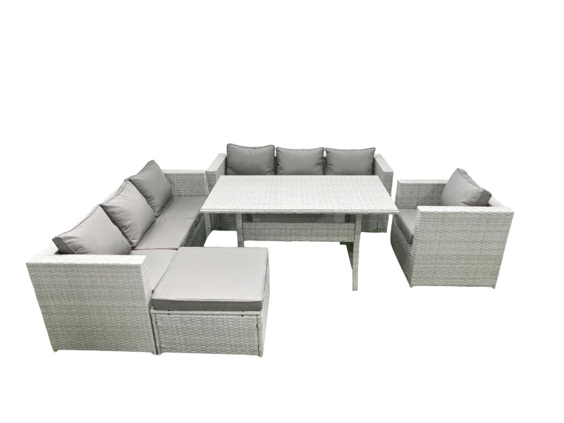 Image of Fimous 5 Pieces Outdoor Rattan Sofa Set with Cushions Patio Garden Furniture Sets with Armchair Dining Table Big Footstool Light Grey