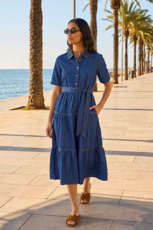 Image of Roman Womens Button Detail Tiered Midi Dress in Mid Blue Size: 12 Mid Blue Female 12