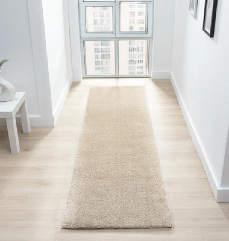 Image of Comfy Washable Low Pile Living Room Area Rug - Anti Slip Felt Backing Light Beige 60Cm X 200Cm