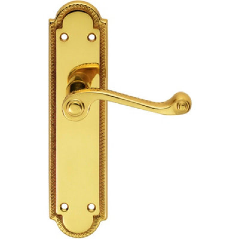 Image of Loops PAIR Reeded Scroll Lever on Shaped Latch Backplate 205 x 49mm Polished Brass Metallics