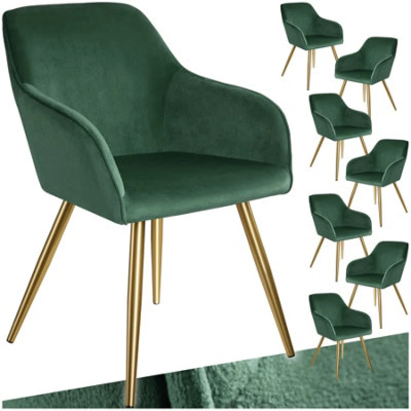 Image of Tectake Set Of 8 Chair Marilyn With Velvet Cover, Gold Steel Legs And Plush Padding - Dark Green/gold