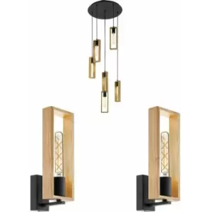 Image of Ceiling Pendant Light & 2x Matching Wall Lights Black & Wood Box Feature Lamp
