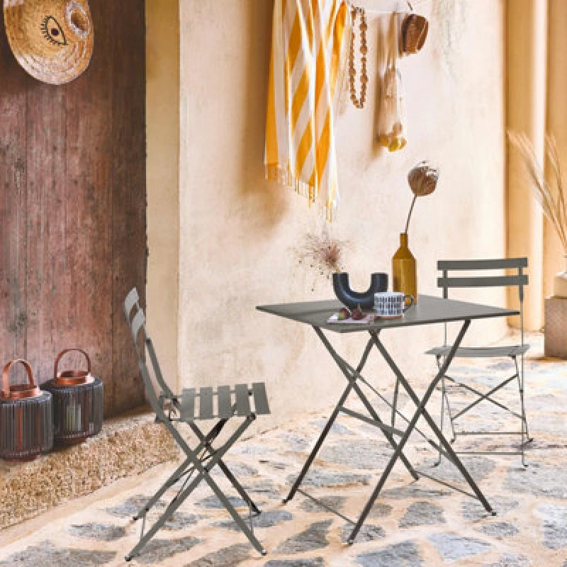 Image of Sweeek - Square 2-Seater Folding Metal Bistro Garden Table With 2 Chairs Khaki Green 70X70X71cm - Emilia