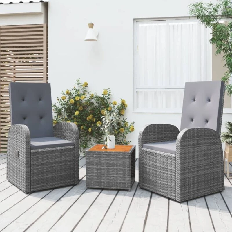Image of VIDAXL 3 Piece Garden Lounge Set Grey Poly Rattan&Solid Wood Acacia vidaXL 8720845801328