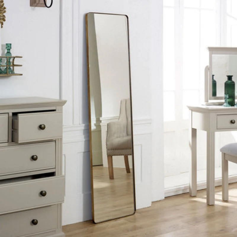 Image of Melody Maison Tall Brushed Gold Thin Framed Wall Mirror / Leaner Mirror 42cm X 156cm Gold