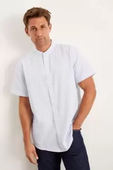 Image of Mens Blue Short Sleeve Plus And Tall Stripe Grandad Oxford Shirt