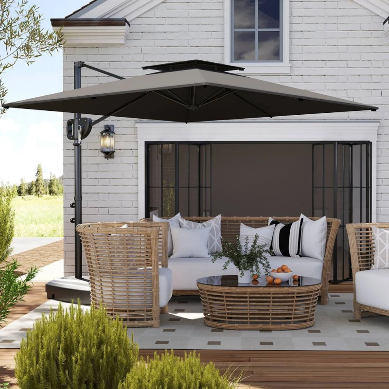 Image of Outsunny Garden Cantilever Parasol w/ Weighted Base Tilt Crank Dark Grey