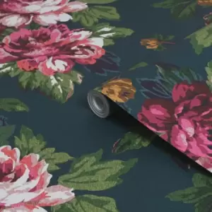 image of Joules Teal Floral Smooth Wallpaper